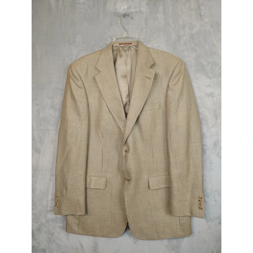 Gatsby Mens 42L Blazer Silk Linen Wool Blend Tan Navy Micro Stripe Sport Coat